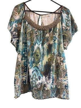 Women’s Cato Teal Multi-Print Beaded-Neck Flutter Sleeve top EUC Size 22/24W